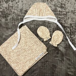 Newborn Baby Cotton Swaddle Blanket Top Knot Hat Gloves Cream Tan 33’x33’